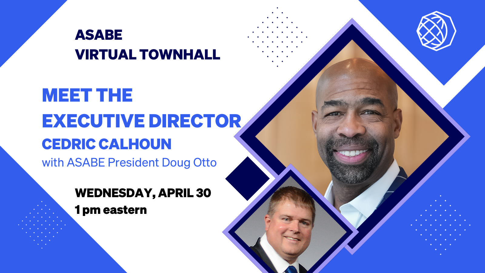 Graphic showing details of online townhall with Cedric Calhoun and Doug Otto